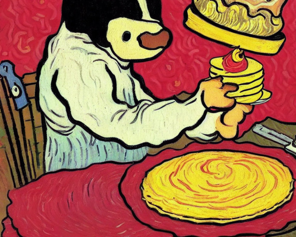 Whimsical painting of cow chef serving pancakes & pie