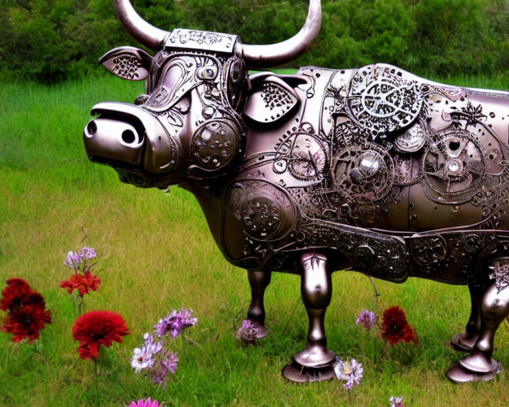 Metallic Bull Sculpture with Ornate Patterns in Green Field