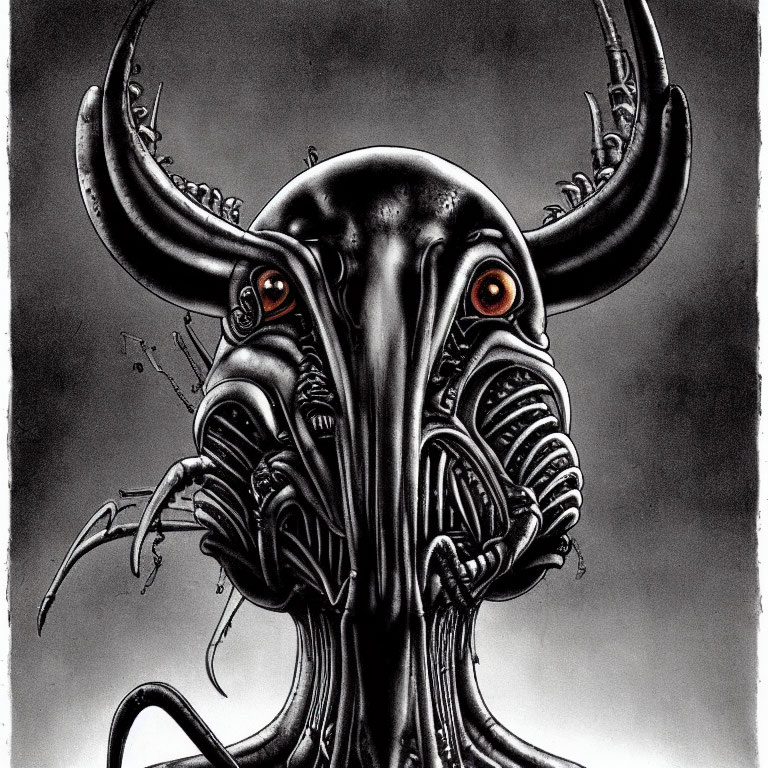 Monochrome artwork of creature with skull-like face and glowing red eyes