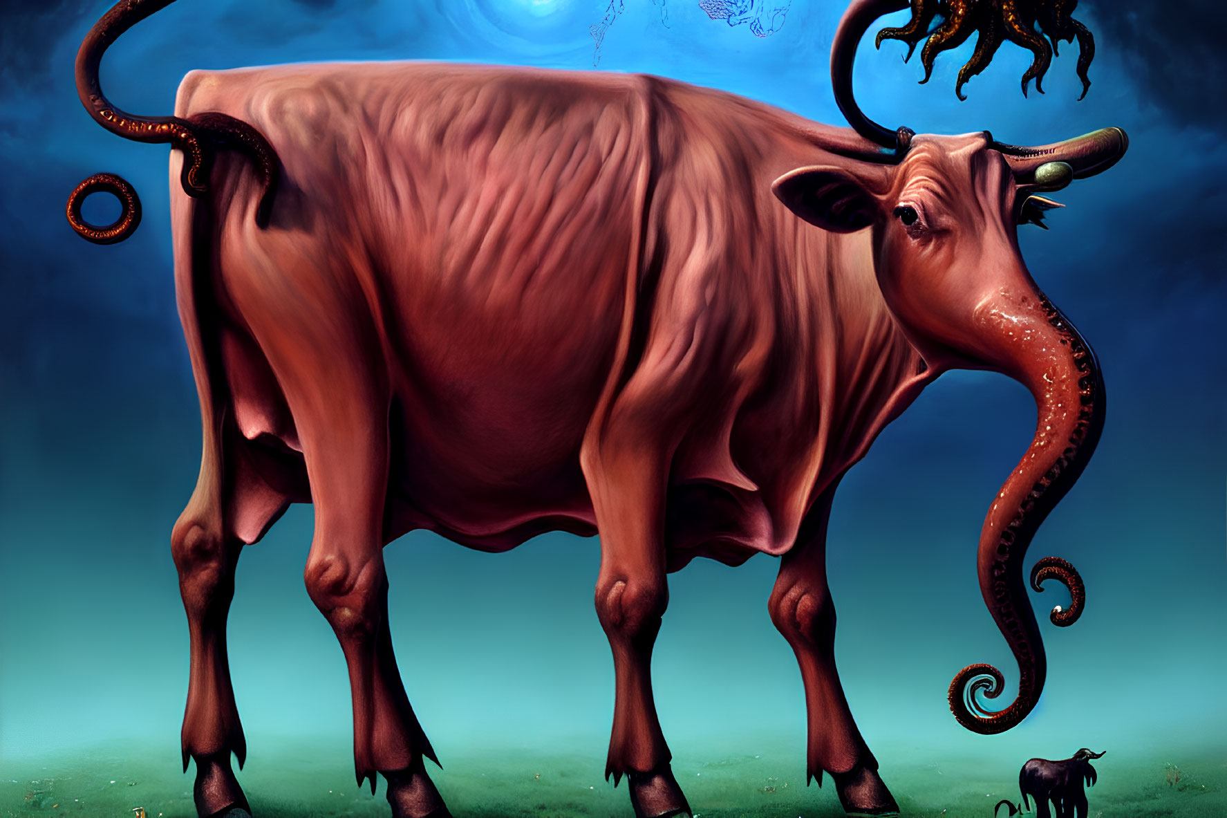 Surreal cow with octopus tentacles on mystic blue background.