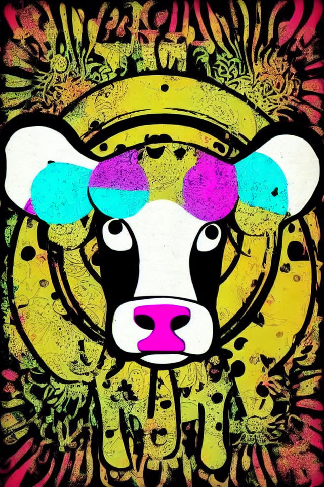 Vibrant abstract cow face graphic with colorful splashes on yellow background