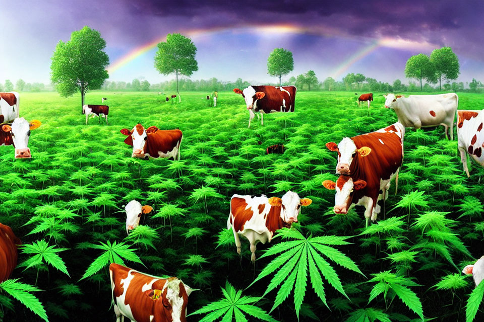 Cows grazing in green field with cannabis leaves and rainbow sky