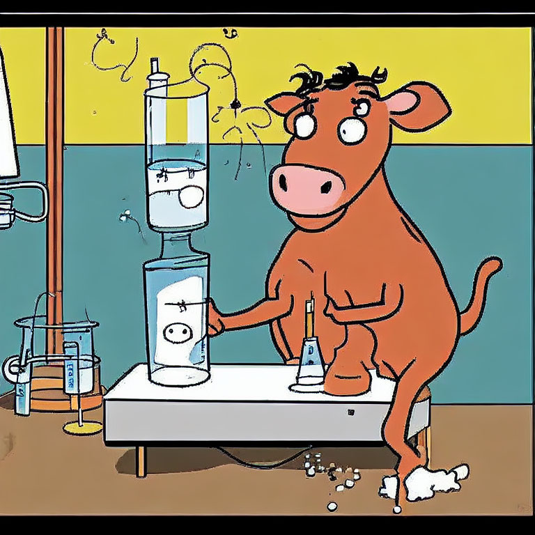 Cartoon cow conducting chemistry experiment at lab bench