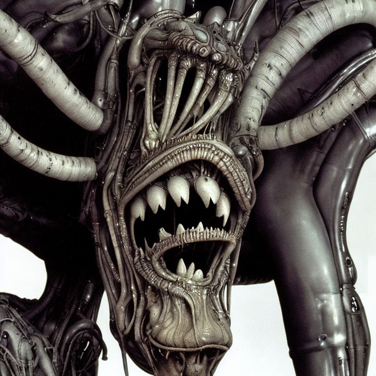 Detailed Close-Up of Xenomorph Head with Sharp Teeth and Biomechanical Design