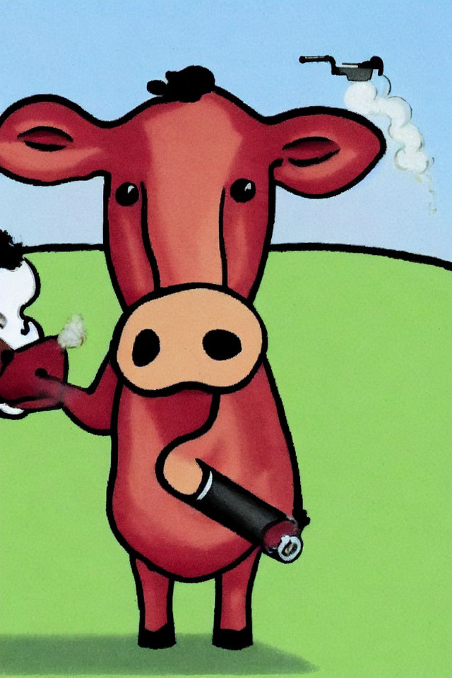 Red cow cartoon with smoking gun and factory in background