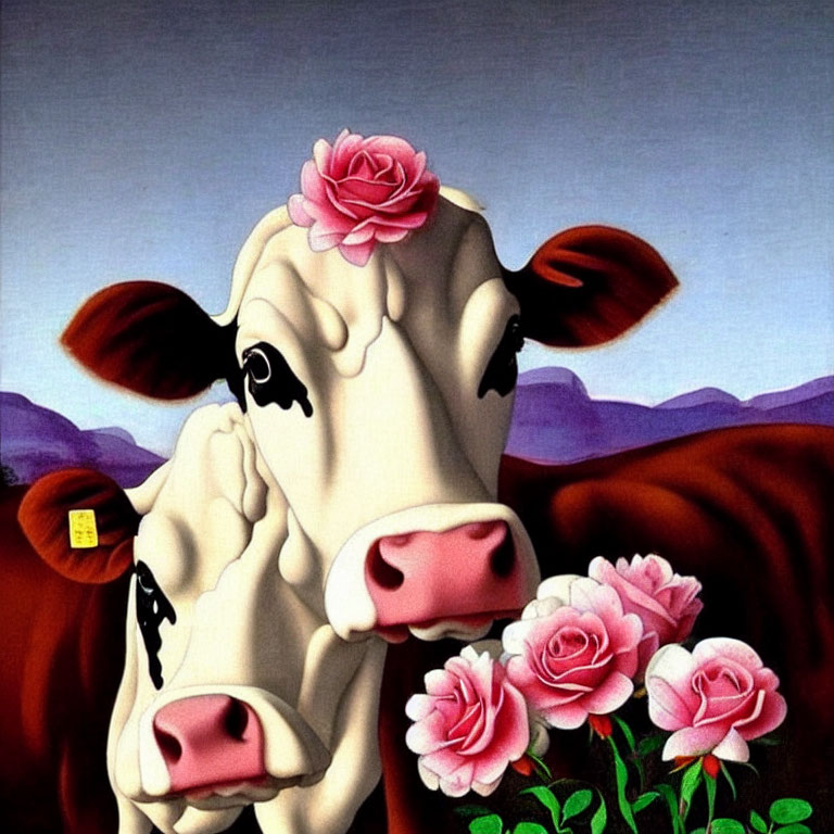 Whimsical painting of cows with pink roses and purple hills