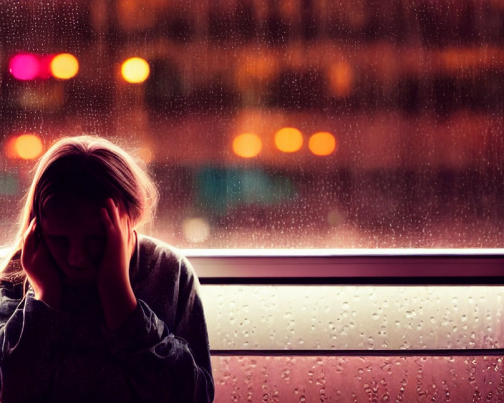 Person in distress by rainy window with soft bokeh lights.