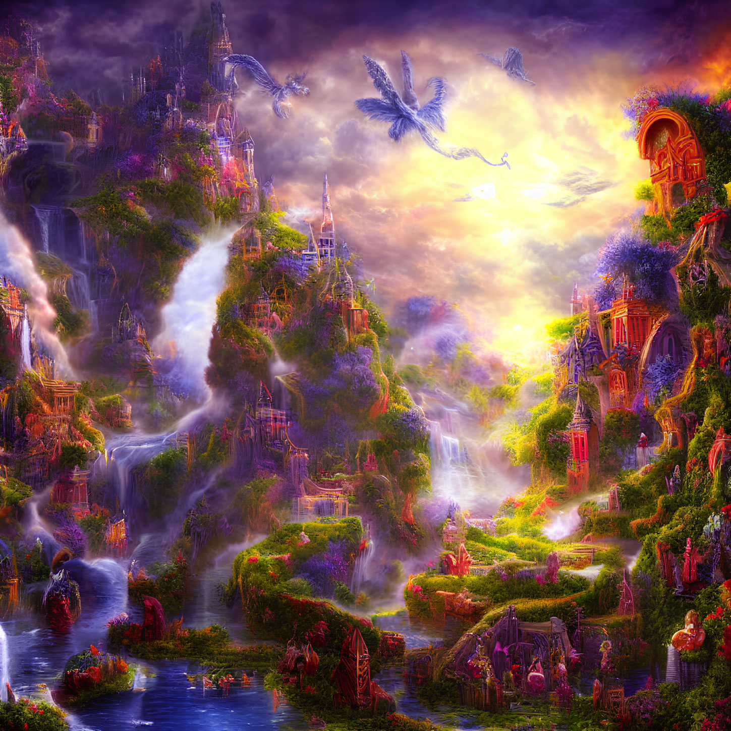 Fantasy landscape with waterfalls, castles, greenery, and dragon under sunset.