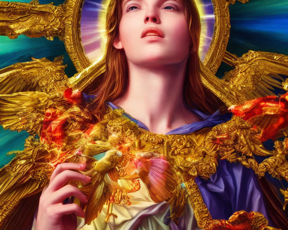 Detailed portrayal of saintly figure with golden halo, ornate attire, holding branch, gazing upwards