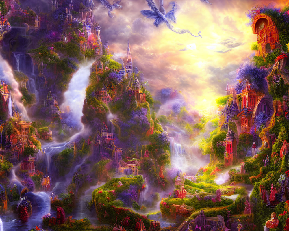 Fantasy landscape with waterfalls, castles, greenery, and dragon under sunset.