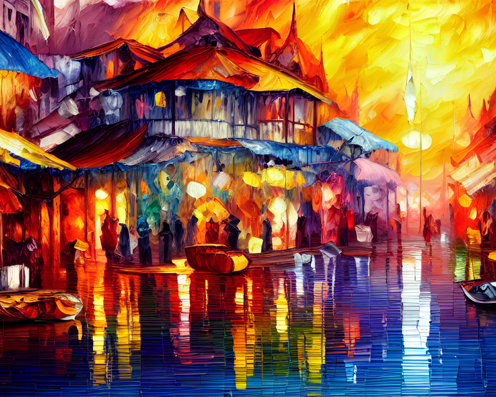 Colorful painting of bustling market street at dusk with glowing lanterns.