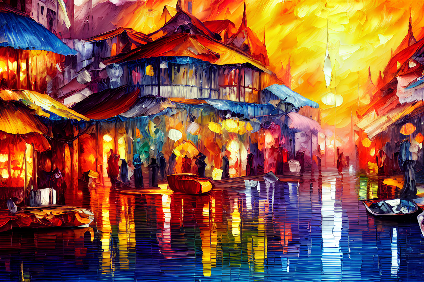 Colorful painting of bustling market street at dusk with glowing lanterns.