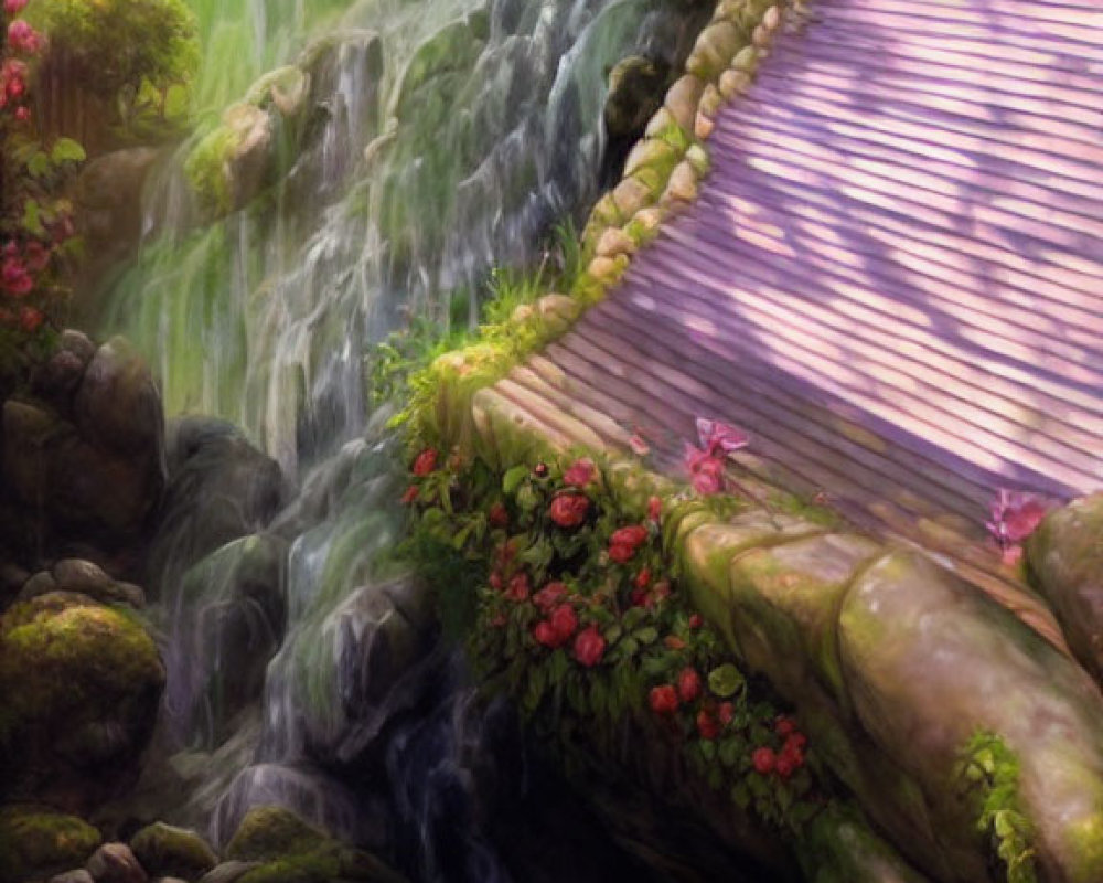 Tranquil Waterfall Scene with Wooden Bridge and Pink Flowers