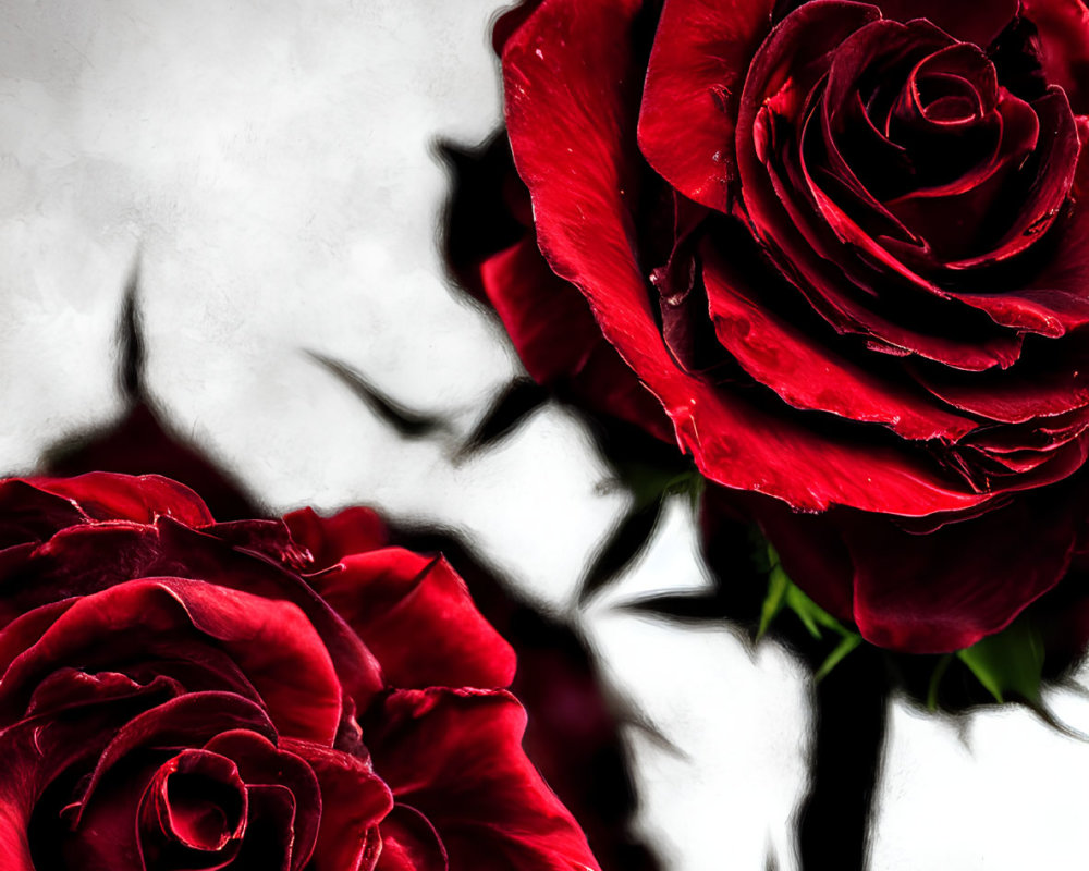 Vibrant red roses with petals and thorns on grey background