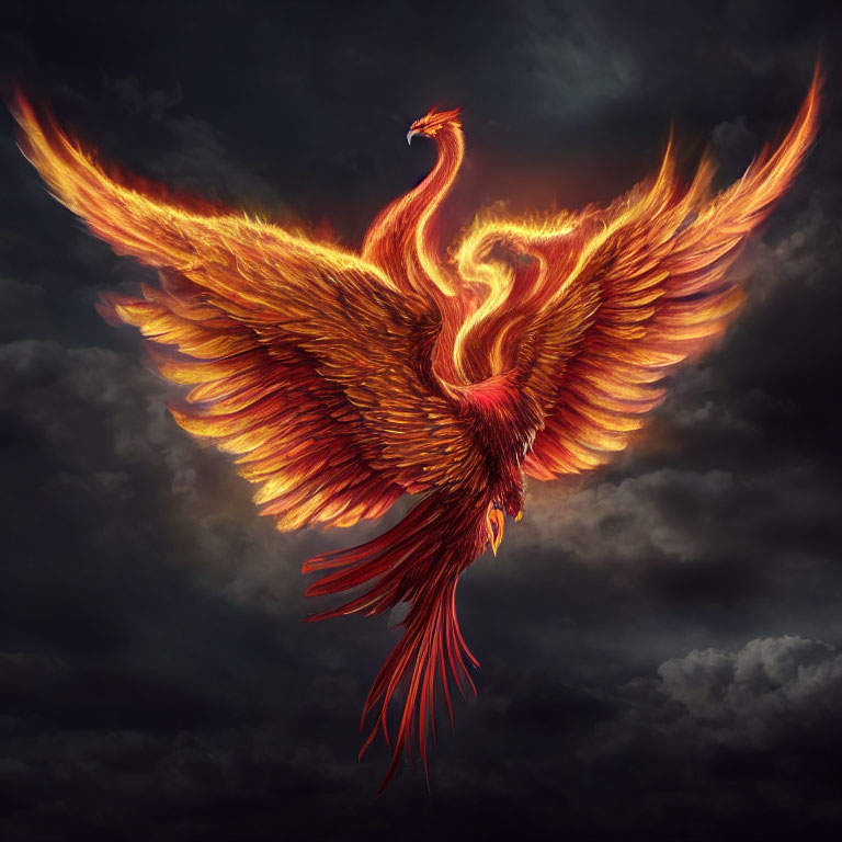 Majestic phoenix with fiery wings soaring in stormy sky