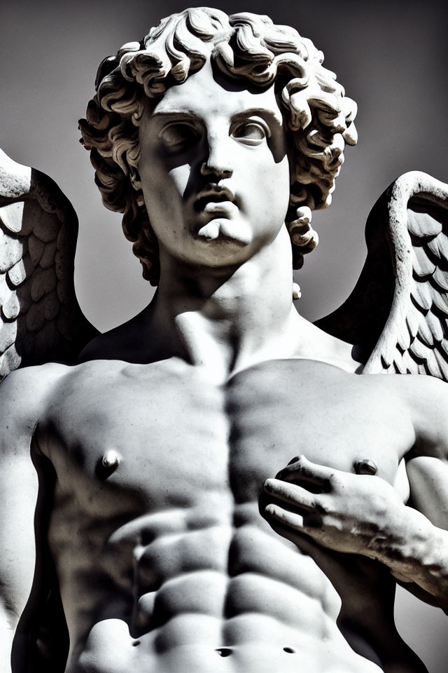 Detailed marble angel statue with curly hair and muscular torso on dark background