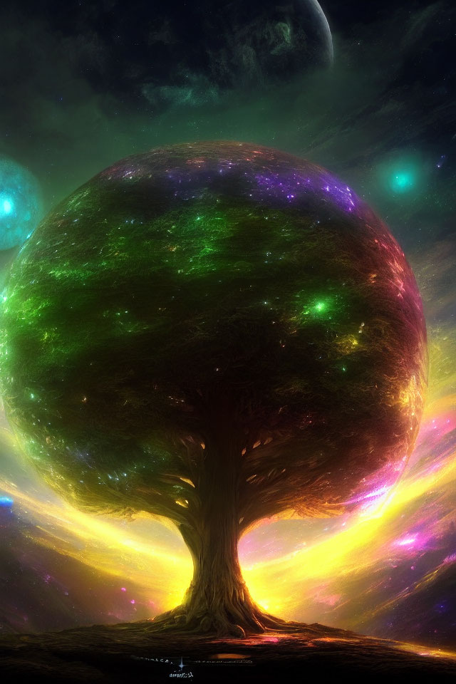 Giant vibrant tree under celestial sky with luminous canopy