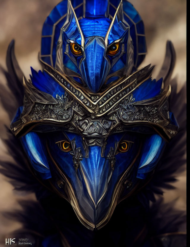 Detailed Fantasy Artwork of Figure in Blue & Silver Avian Armor