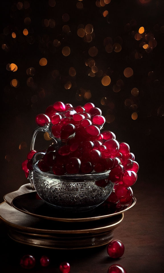 Fresh Red Grapes in Silver Bowl on Plates with Bokeh Background