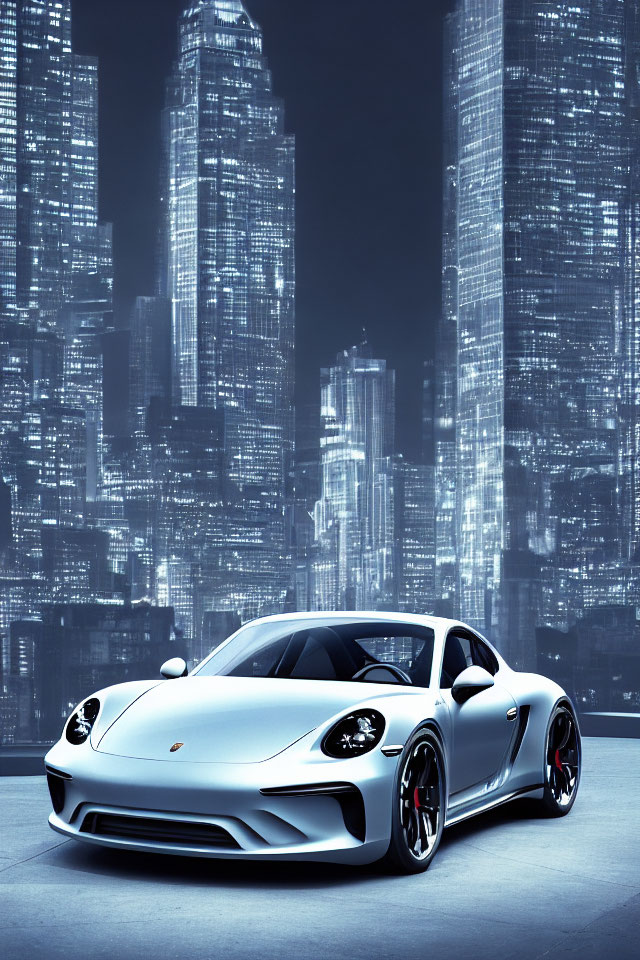 White Sports Car Parked in Front of Illuminated Skyscrapers at Night