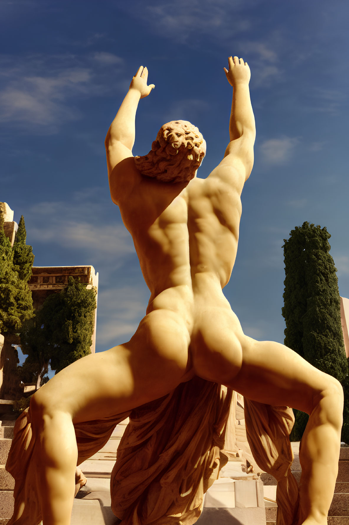 Muscular male Greek mythological statue with raised arms against blue sky