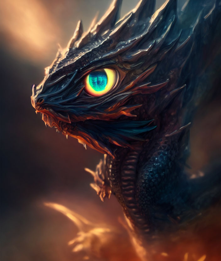 Majestic dragon head with orange eye and fiery backdrop