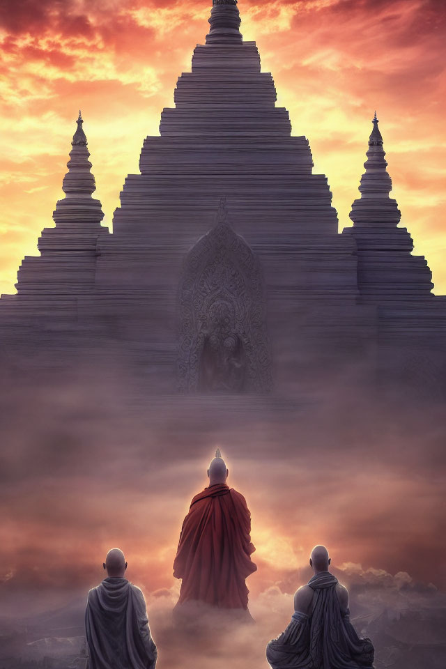 Three monks in robes before ornate temple in misty setting