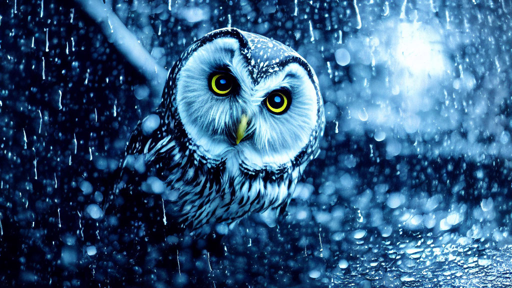 Intense owl with yellow eyes in rain against dark blue background