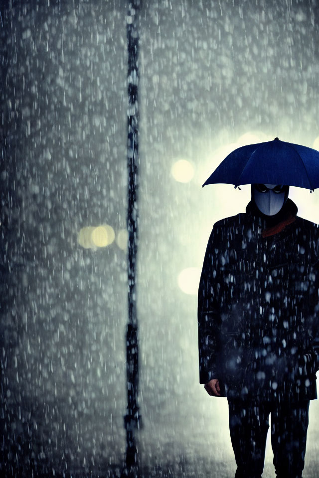 Person with blue umbrella in rain at night with blurred lights