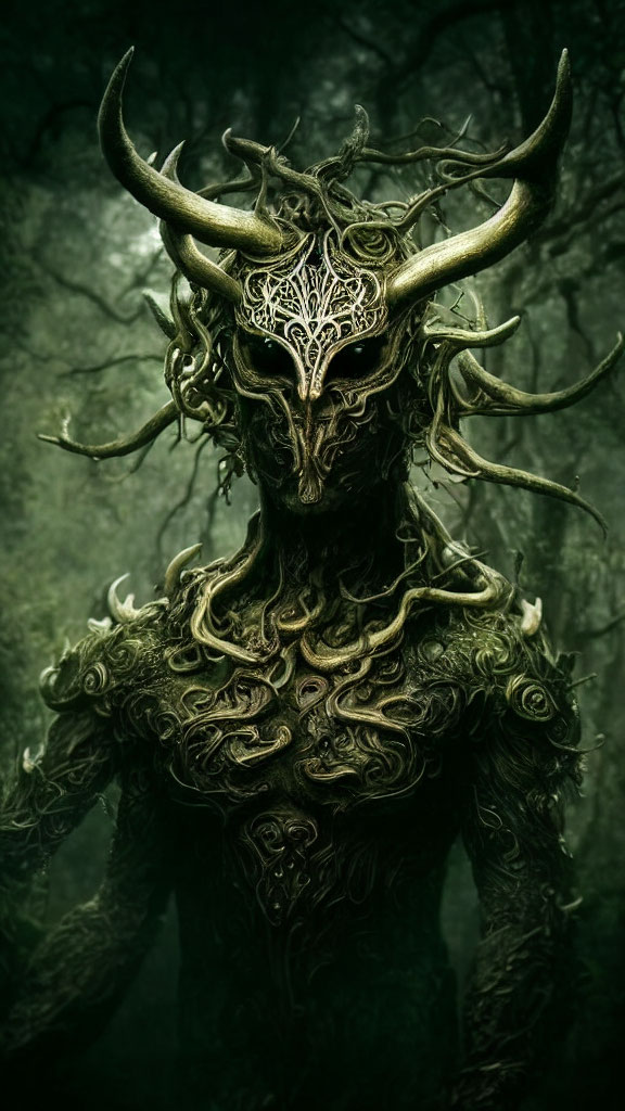 Fantasy creature with twisted horns and tree-like armor in dark forest