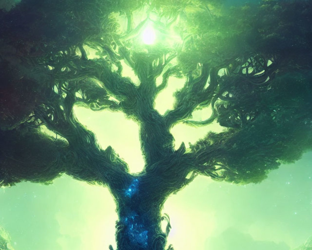 Mystical tree with luminescent core in ethereal forest glade