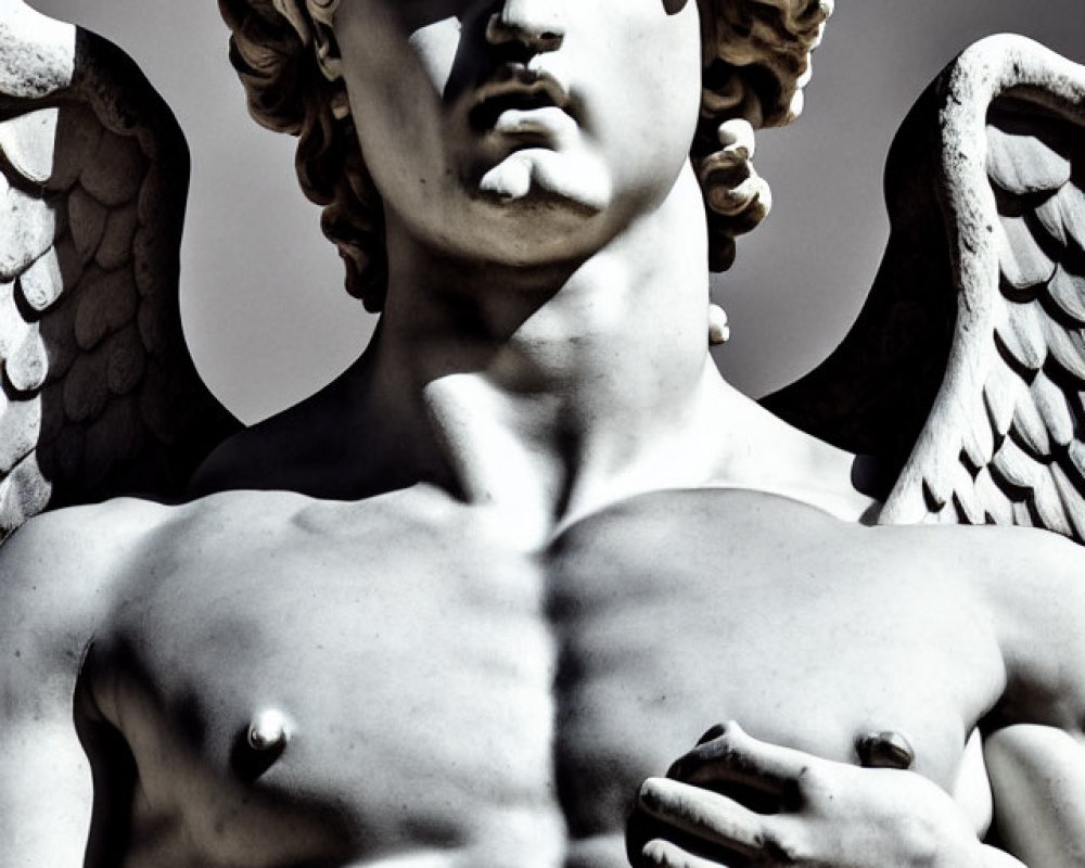 Detailed marble angel statue with curly hair and muscular torso on dark background