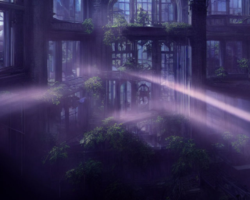 Abandoned greenhouse with overgrown plants and sunbeams