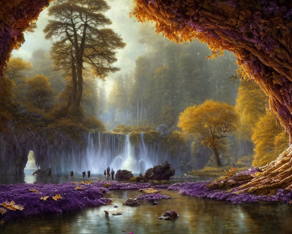 Tranquil landscape with waterfall, autumn trees, purple foliage, and rocky formations