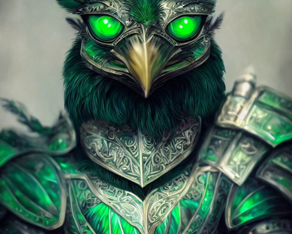 Anthropomorphic owl digital artwork in ornate green armor