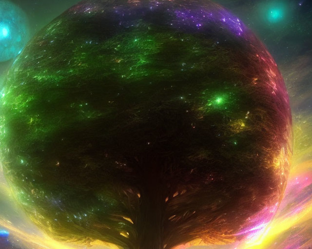 Giant vibrant tree under celestial sky with luminous canopy