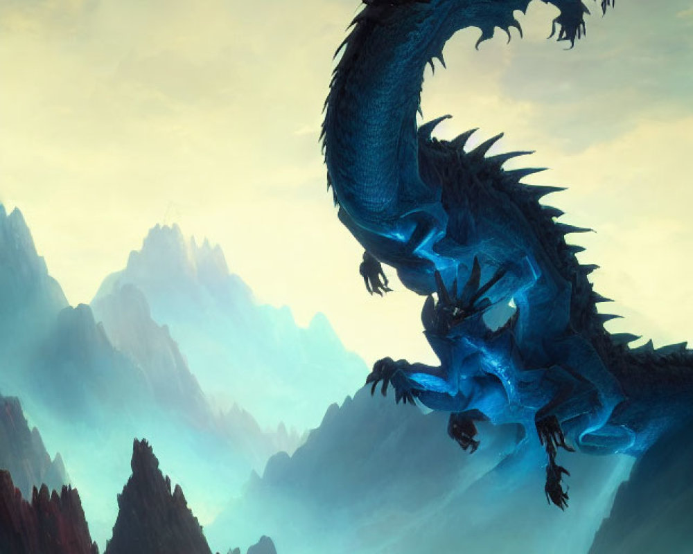 Blue dragon in misty mountain landscape under green sky