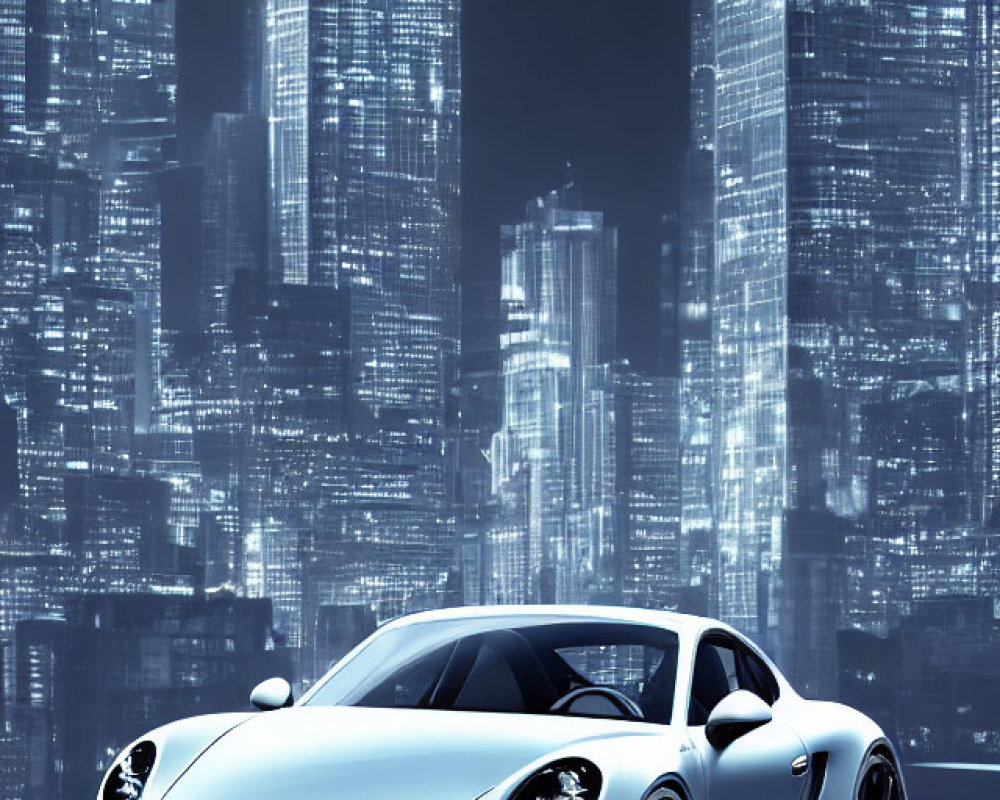 White Sports Car Parked in Front of Illuminated Skyscrapers at Night