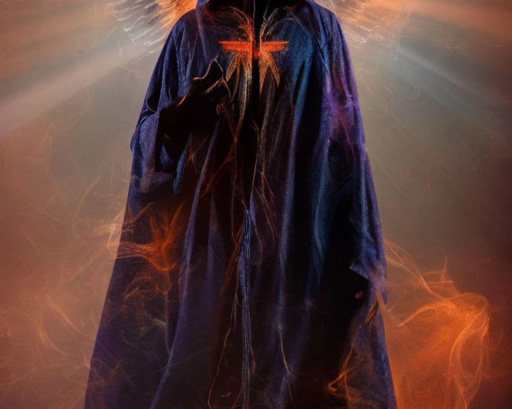 Cloaked Figure with Glowing Angel Wings in Mystical Scene