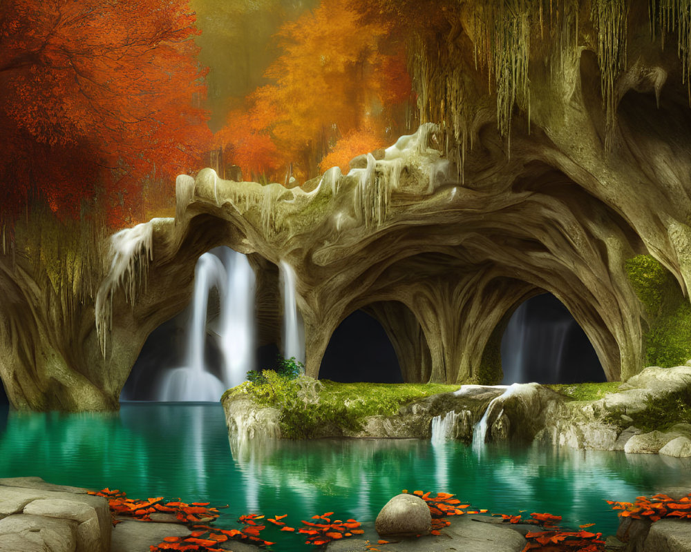 Fantasy landscape with tree-entwined waterfall and emerald pool surrounded by autumnal foliage.