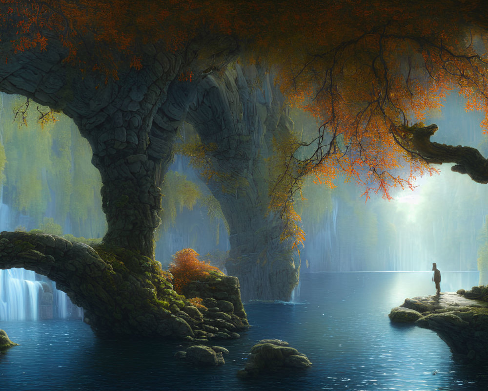 Tranquil lakeshore with stone arches, cascading waterfalls, and orange-leaved