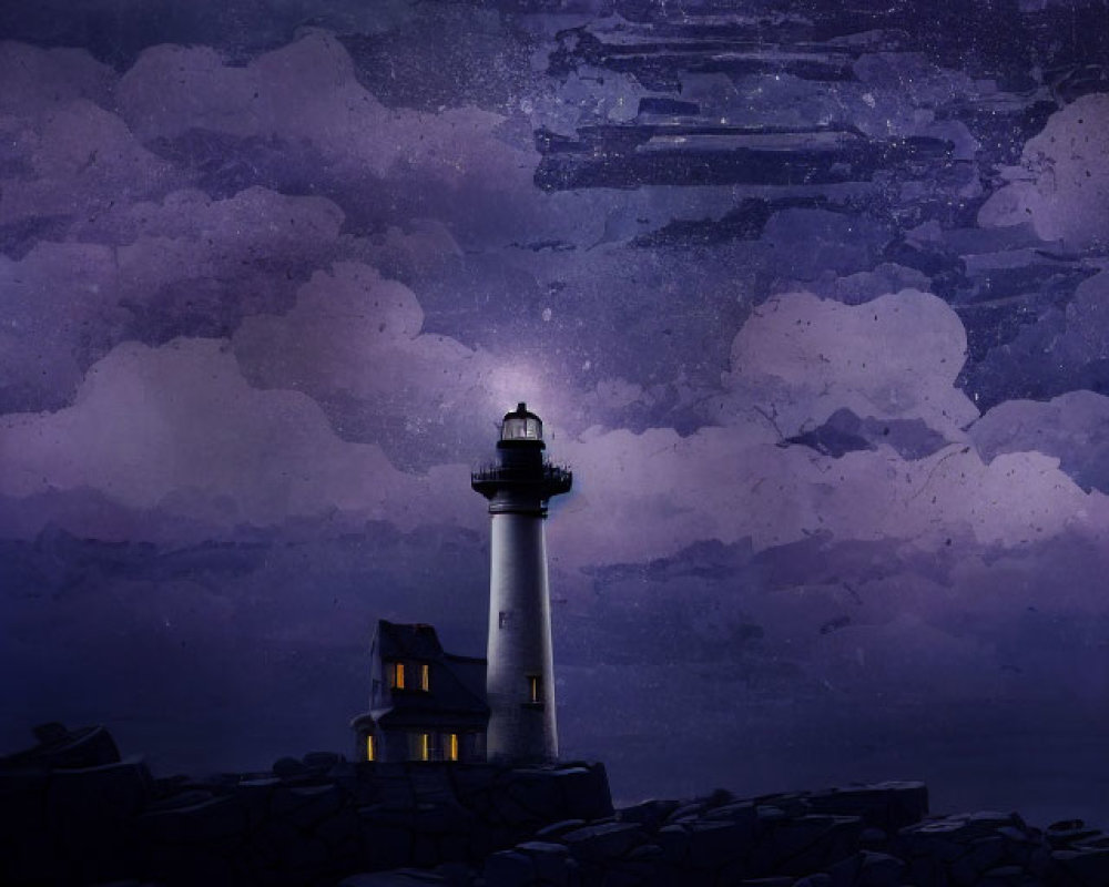 Tall lighthouse on rocky shore with beaming light in starry dusk sky