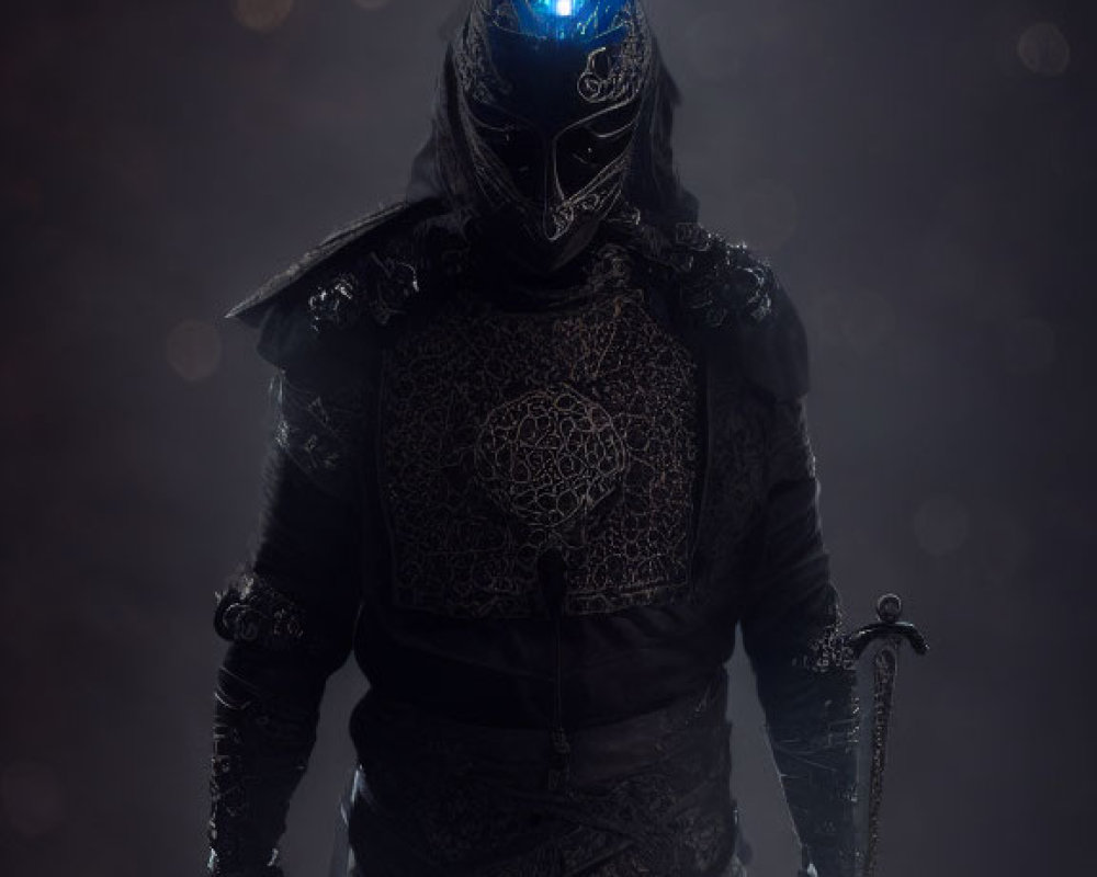 Mysterious Dark Armored Figure with Glowing Blue Aura