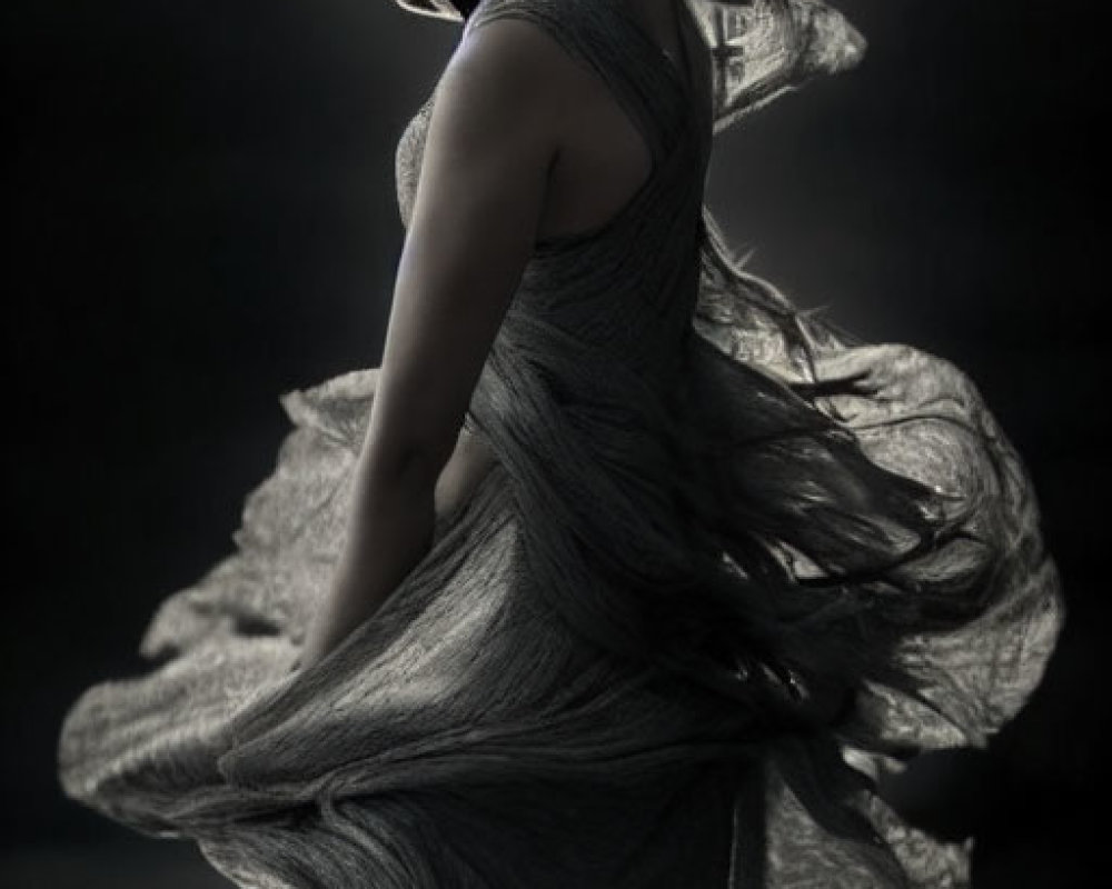 Elegant woman in flowing gown against moody backdrop