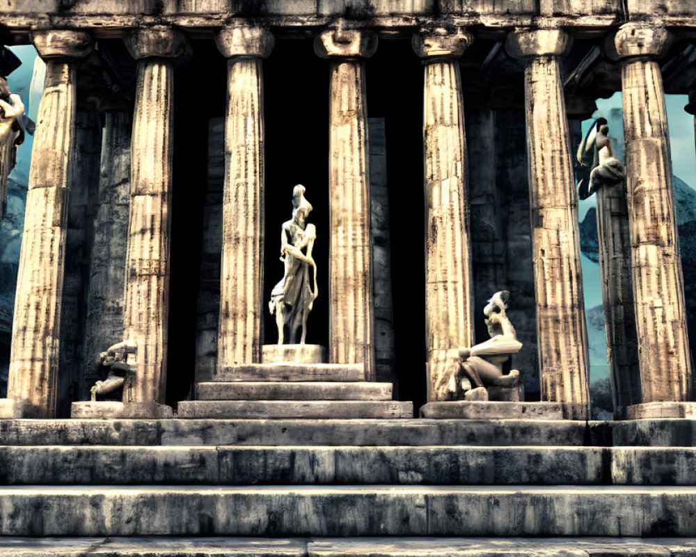 Classical Greek temple with columns, sculptures, and dome against clear sky