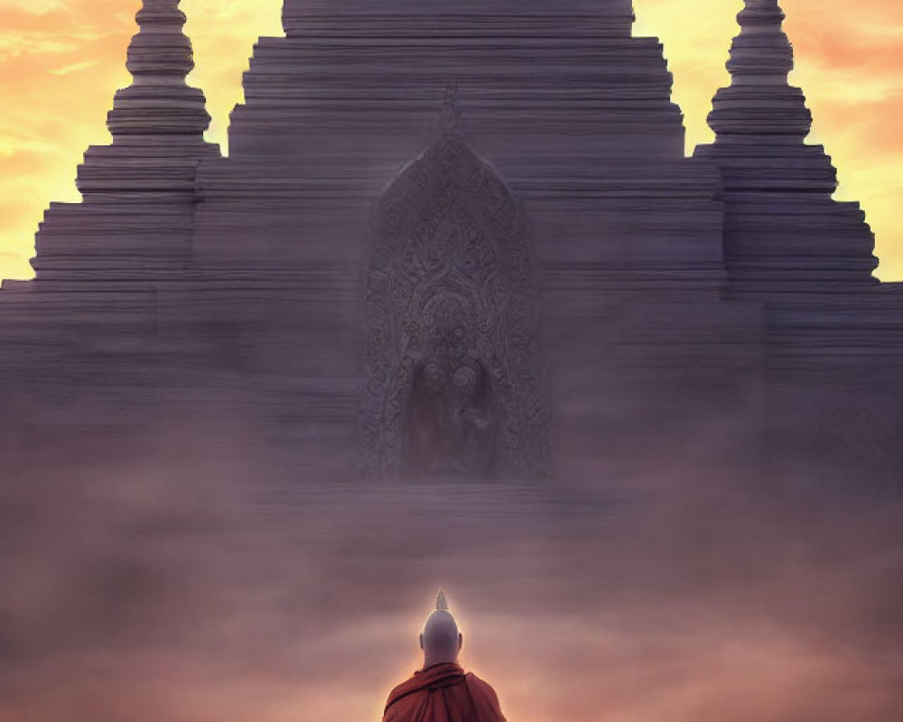 Three monks in robes before ornate temple in misty setting