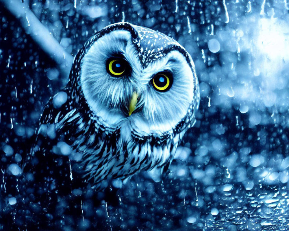 Intense owl with yellow eyes in rain against dark blue background