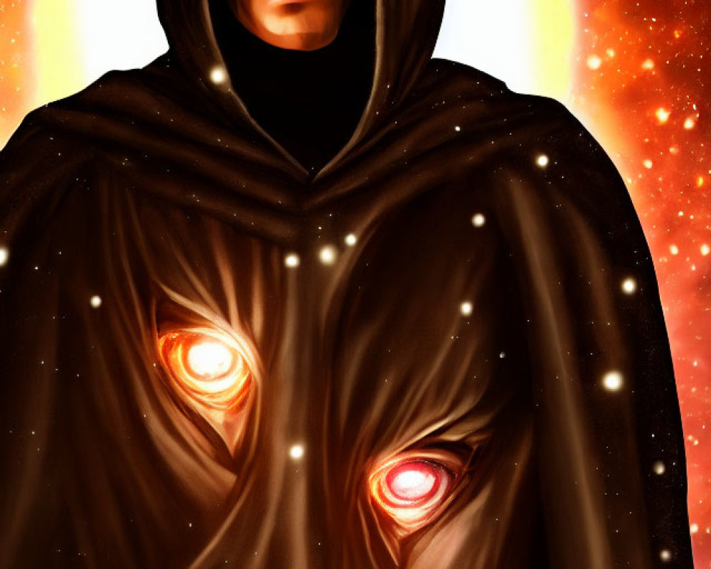 Hooded Figure with Glowing Red Eyes in Fiery Setting