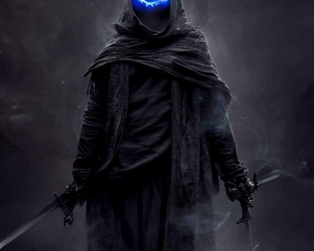 Hooded figure with glowing blue visage holding a sword in dark ambiance