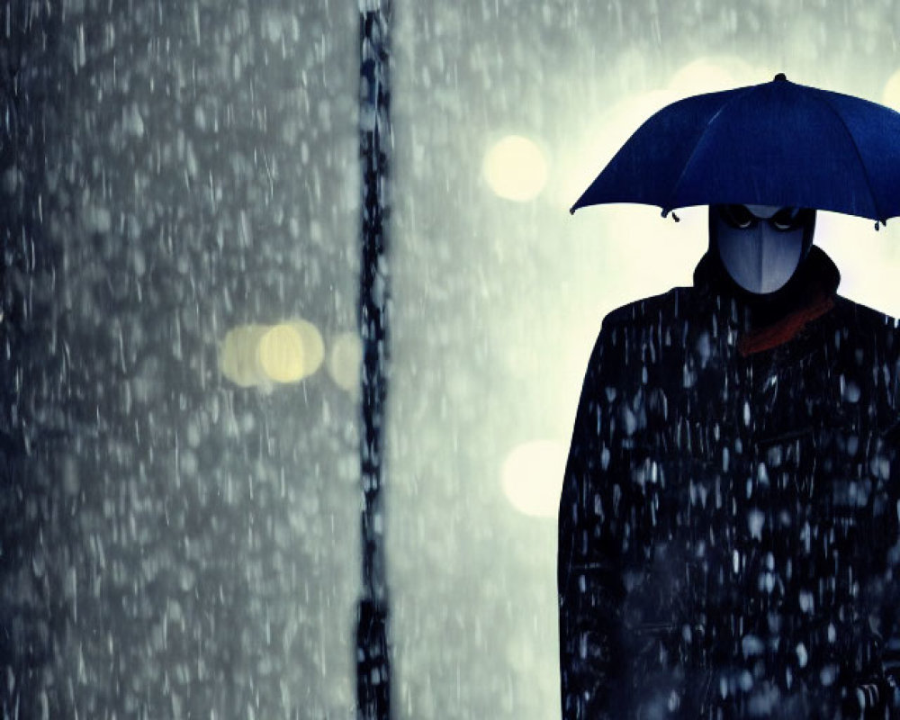 Person with blue umbrella in rain at night with blurred lights